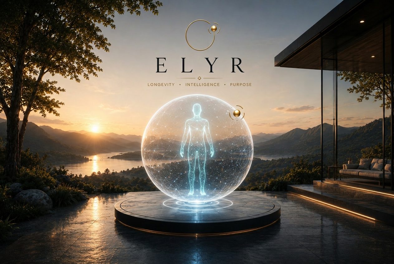 ELYR — a radiant being of light inside a glowing orb, set in a sunrise mountain sanctuary, beneath the ELYR mark.